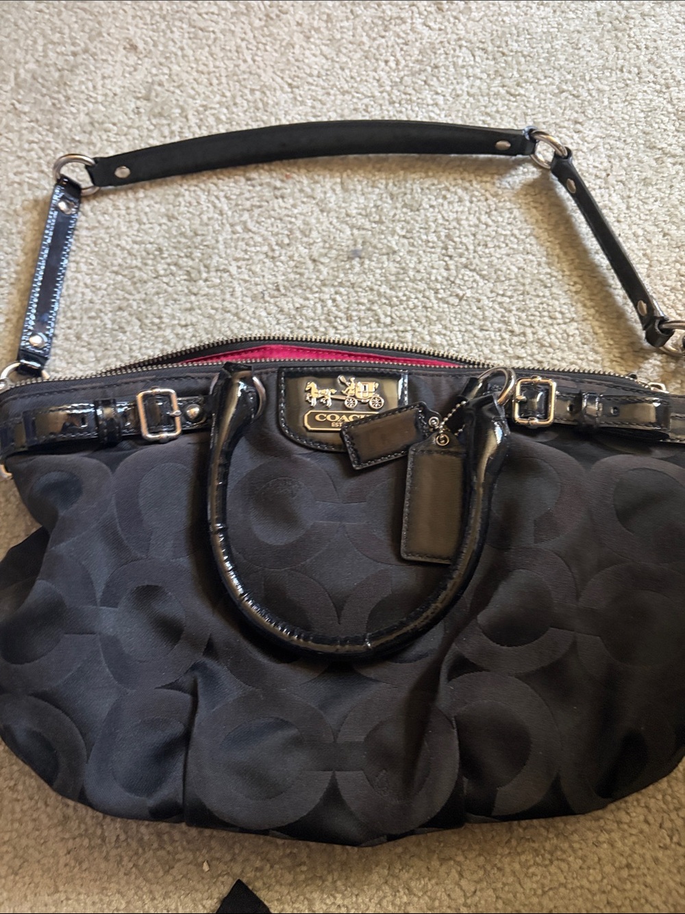 Coach Black Signature Canvas Satchel with Pink Lining
